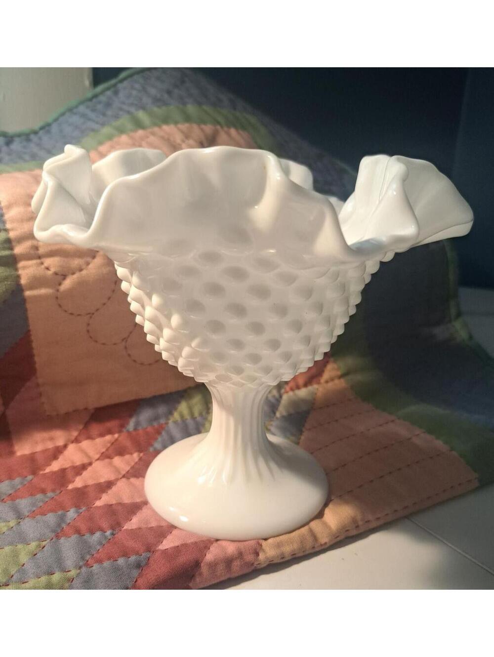 Vintage White Fenton Hobnail Milk Glass Ruffled Pedestal Compote/Dish